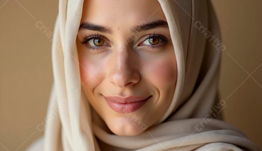 Mulher jovem muçulmana sorrindo com hijab creme retrato de beleza