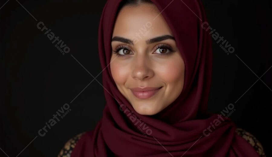 Mulher muçulmana sorrindo com hijab vinho em fundo escuro