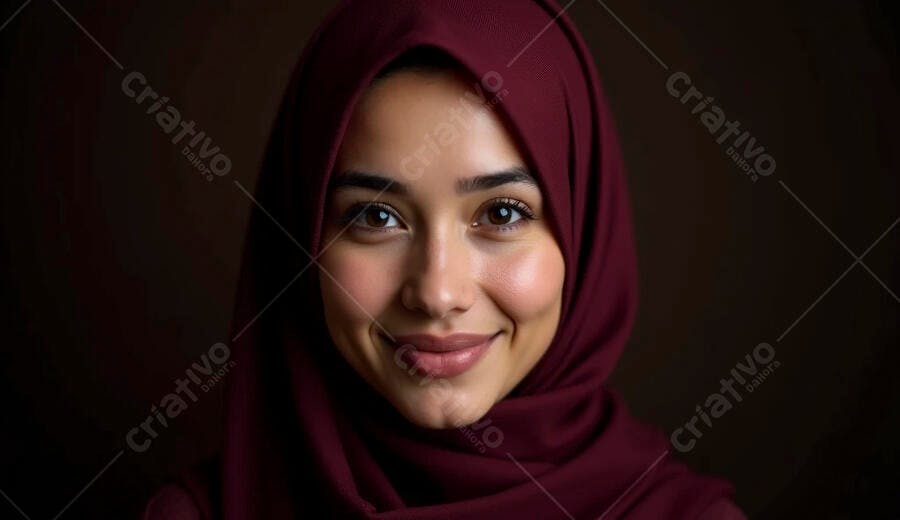 Mulher muçulmana jovem com hijab bordô sorrindo feliz retrato