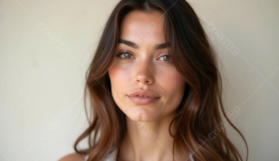 Mulher jovem com cabelo castanho olhos verdes e pele natural retrato