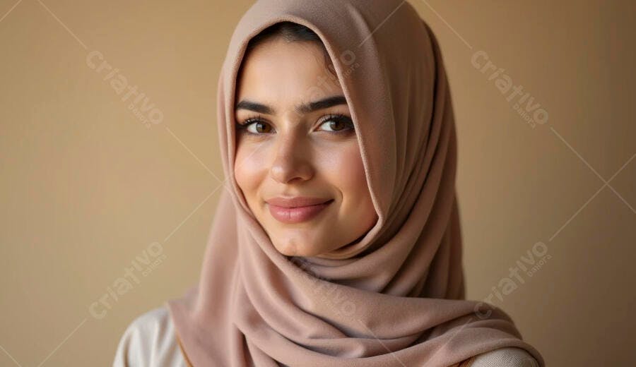 Mulher jovem de hijab bege sorrindo em close-up