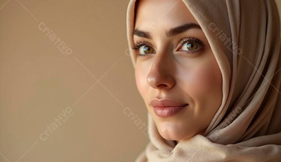 Mulher muçulmana sorrindo com hijab bege em close-up