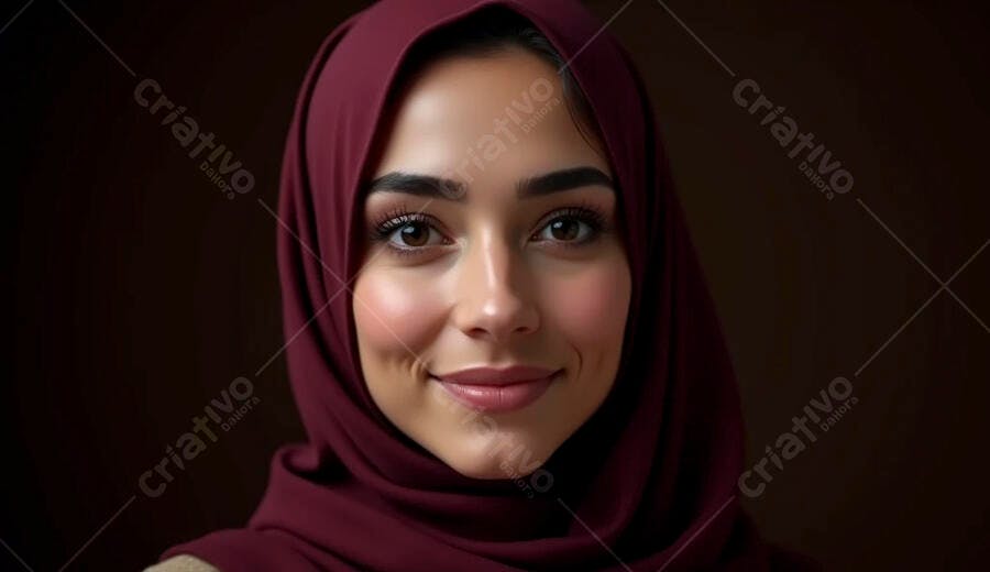 Mulher jovem árabe sorrindo com hijab bordô elegante retrato