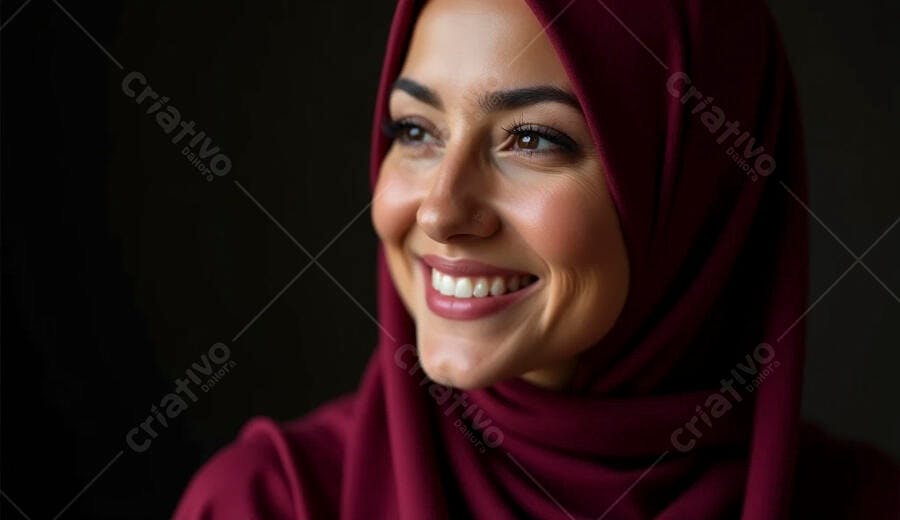 Mulher muçulmana sorrindo feliz com hijab bordô em retrato natural