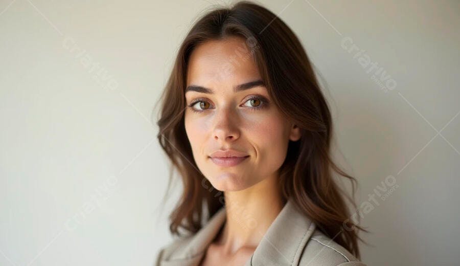 Mulher jovem caucasiana sorrindo em blazer bege claro