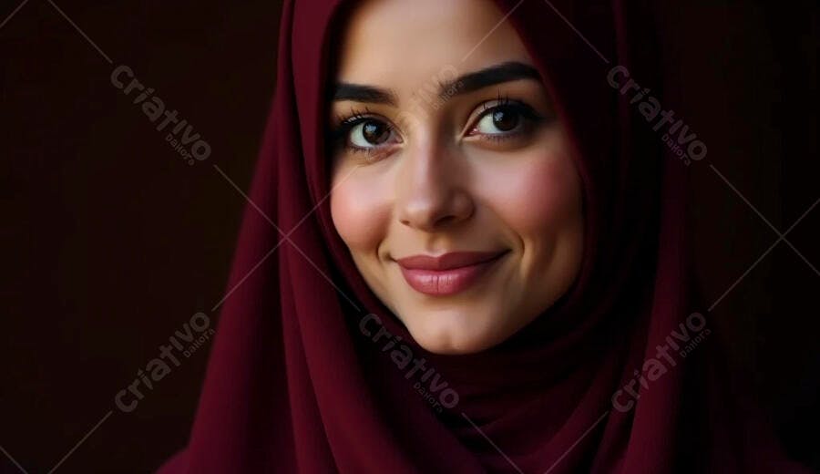 Mulher jovem muçulmana sorrindo com hijab bordô escuro