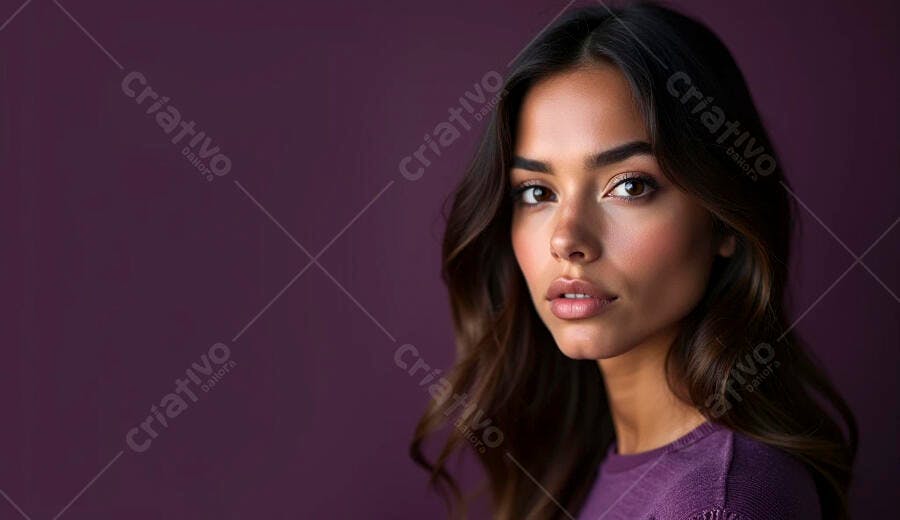 Mulher jovem etnia mista cabelo castanho olhando séria em fundo roxo
