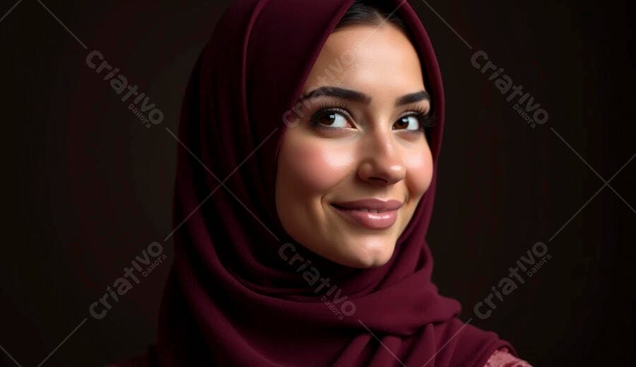 Mulher jovem com hijab bordô sorrindo retrato elegante
