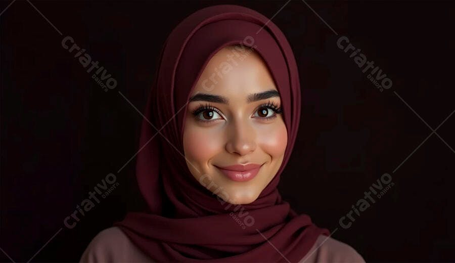 Mulher muçulmana jovem sorrindo com hijab vinho em estúdio escuro