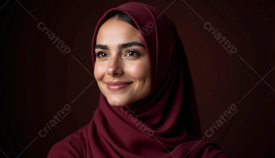 Mulher muçulmana sorrindo com hijab vinho em fundo escuro