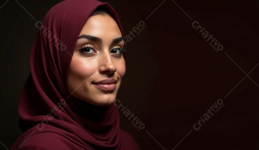 Mulher jovem muçulmana sorrindo com hijab bordô em retrato elegante