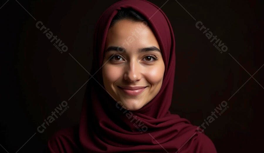 Mulher muçulmana sorrindo com hijab bordô em retrato de estúdio