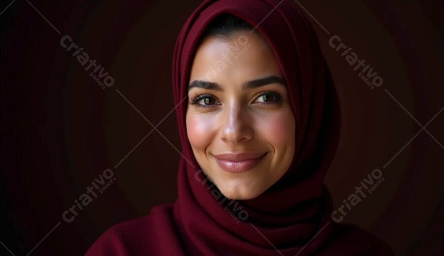 Mulher muçulmana sorrindo com hijab vermelho em retrato de perto
