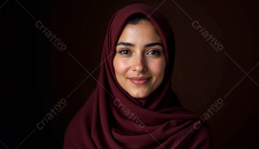 Mulher árabe sorrindo com hijab vinho em retrato de estúdio