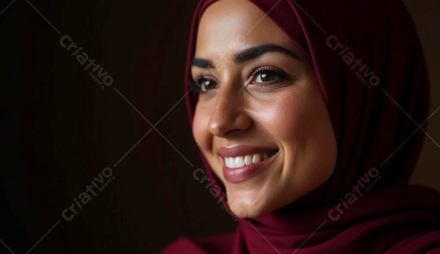Mulher árabe de hijab vinho sorrindo alegremente com brilho nos olhos