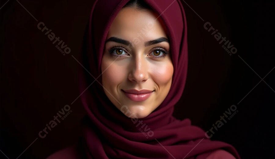 Mulher muçulmana sorrindo com hijab bordô closeup retrato