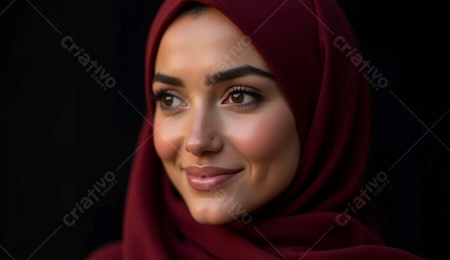 Mulher muçulmana com hijab vinho sorrindo olhando para o lado em retrato