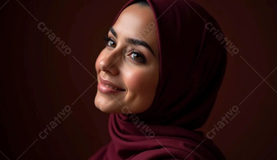Mulher muçulmana jovem sorrindo com hijab bordô em estúdio escuro
