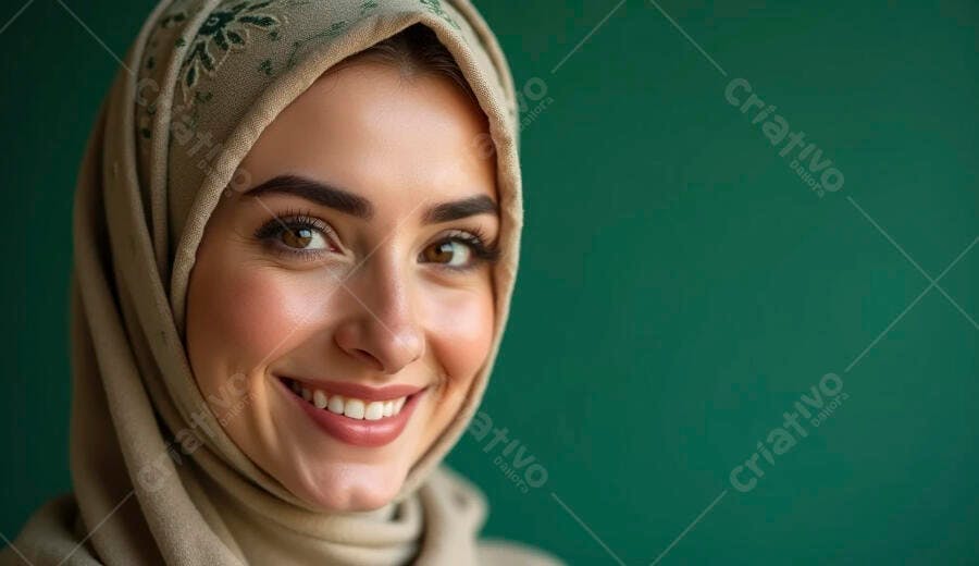 Mulher árabe jovem sorrindo usando hijab bege contra fundo verde