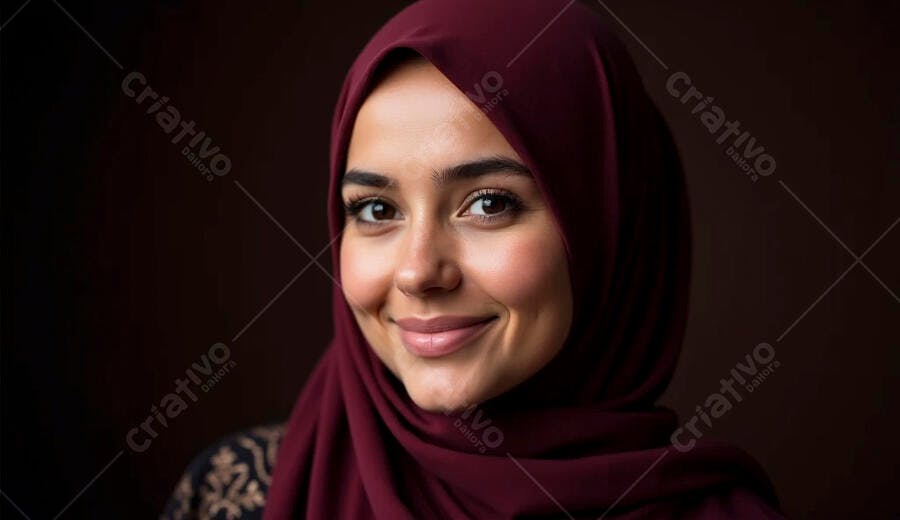 Mulher muçulmana jovem sorrindo usando hijab bordô em retrato estúdio