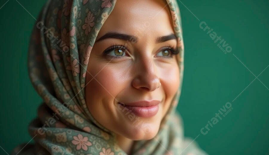Mulher muçulmana jovem com hijab floral verde sorrindo gentilmente