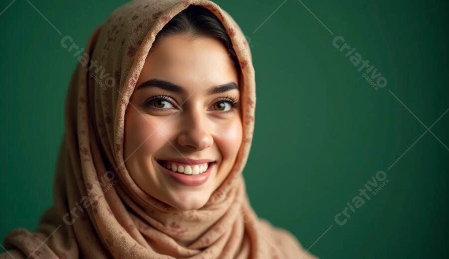 Mulher jovem árabe sorrindo com hijab bege em fundo verde