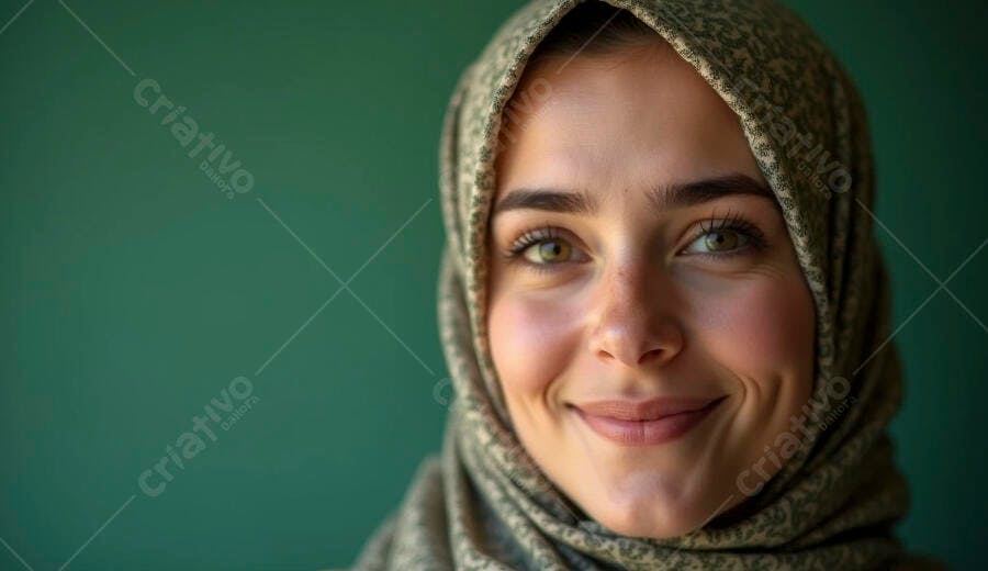 Mulher muçulmana sorrindo com hijab verde e olhos claros em fundo liso