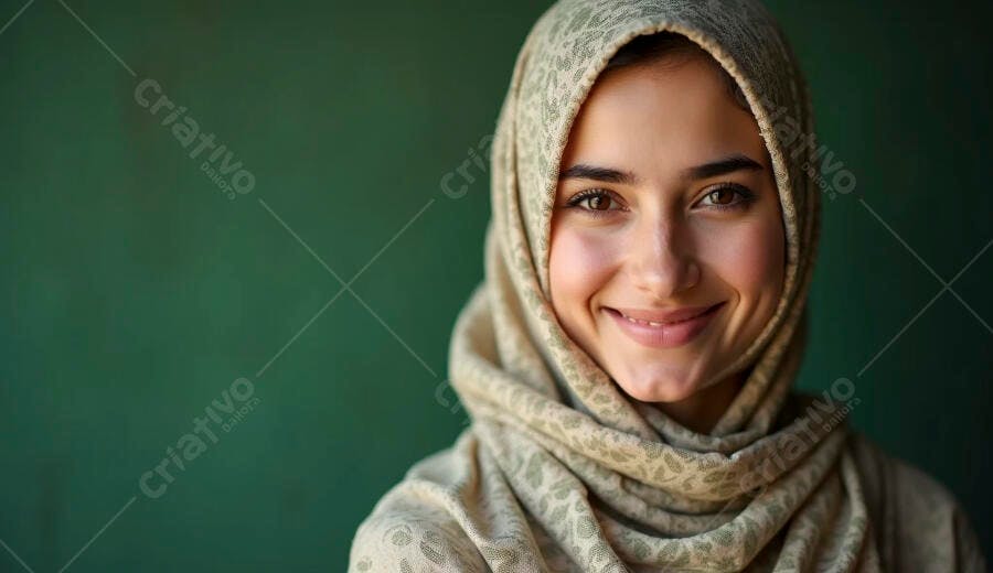 Mulher jovem sorrindo com hijab bege em fundo verde escuro