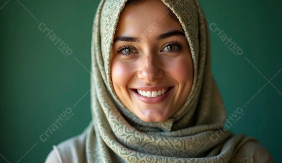 Mulher muçulmana jovem sorrindo com hijab verde em fundo escuro