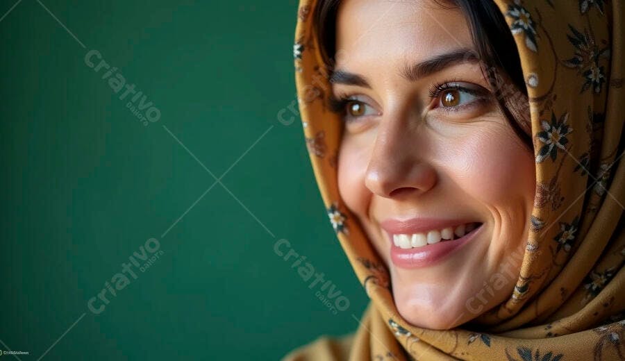 Jovem mulher árabe sorrindo feliz com hijab floral amarelo e fundo verde escuro