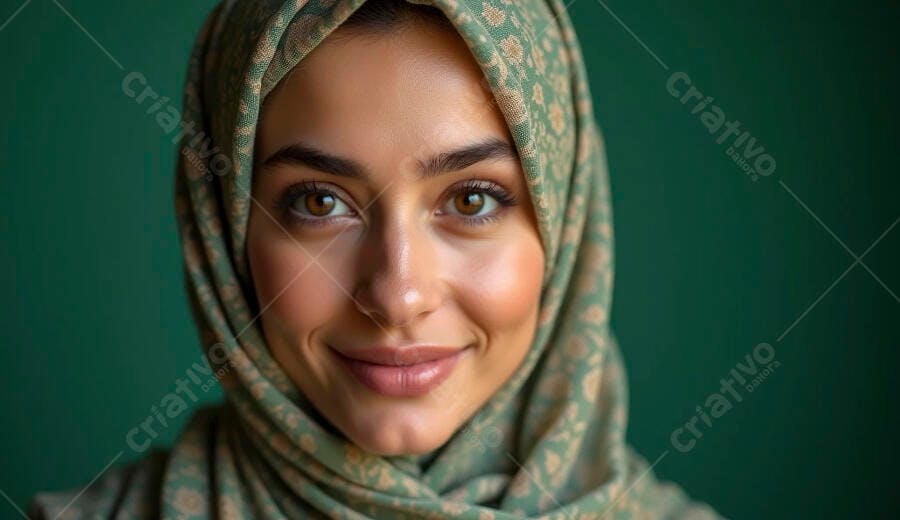 Mulher muçulmana sorrindo com hijab verde em retrato próximo