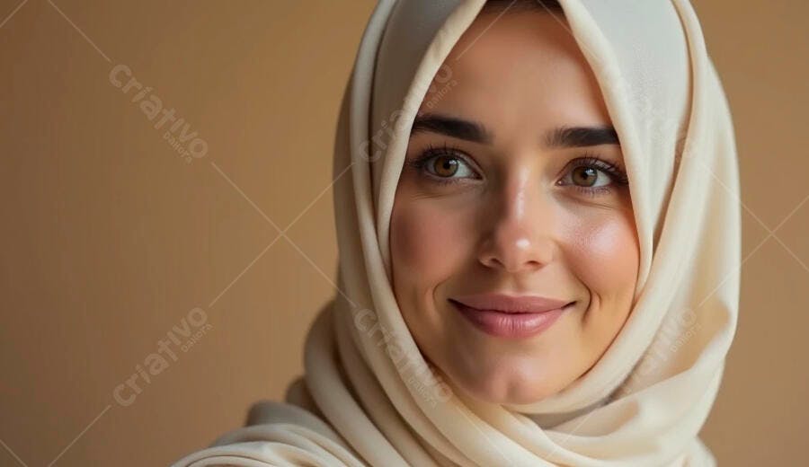 Mulher muçulmana sorrindo com hijab creme claro em fundo bege