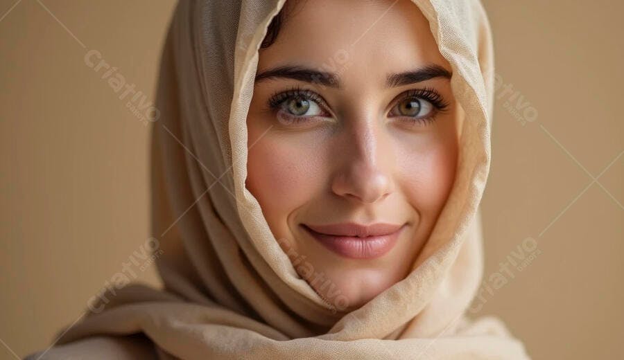 Mulher jovem com hijab bege sorrindo em retrato de estúdio