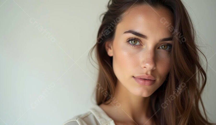 Mulher jovem de pele clara cabelos castanhos e olhos verdes com olhar sereno