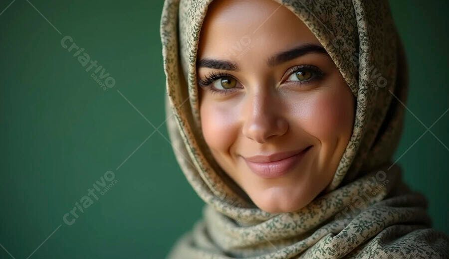 Mulher jovem sorrindo com hijab estampado e olhos verdes em fundo verde