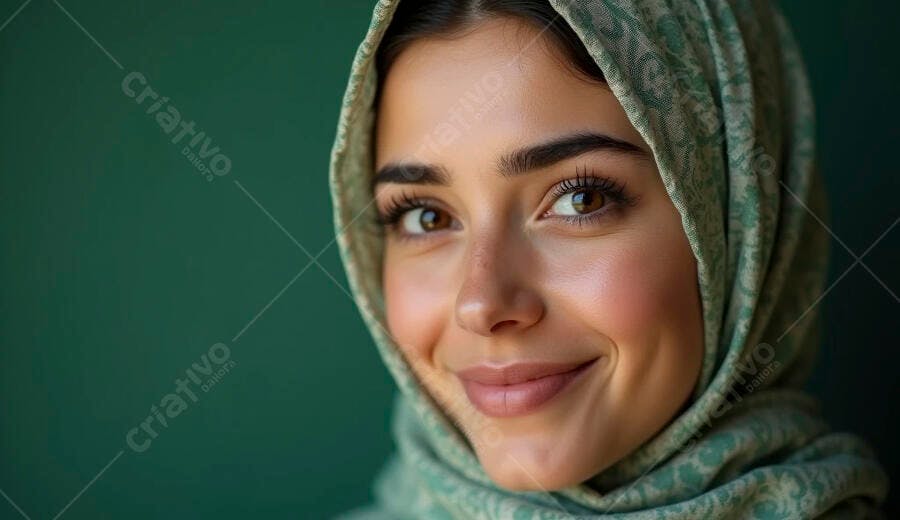 Mulher árabe sorrindo com hijab verde em fundo escuro
