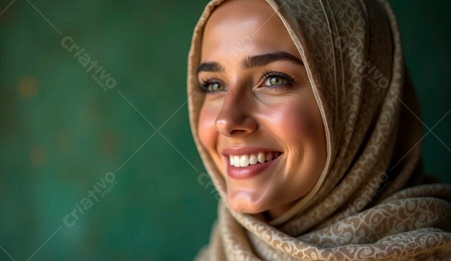 Jovem mulher muçulmana feliz sorrindo com hijab bege e olhos verdes