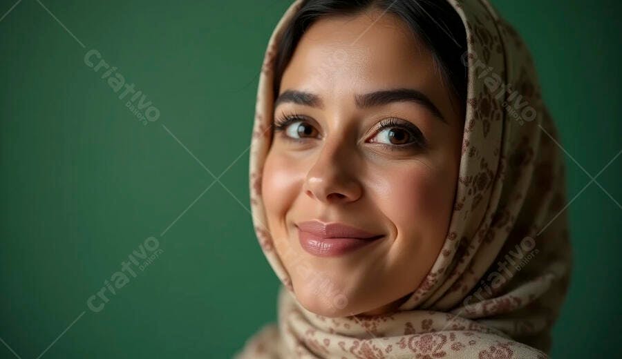 Mulher árabe jovem sorrindo com hijab estampado bege sobre fundo verde escuro
