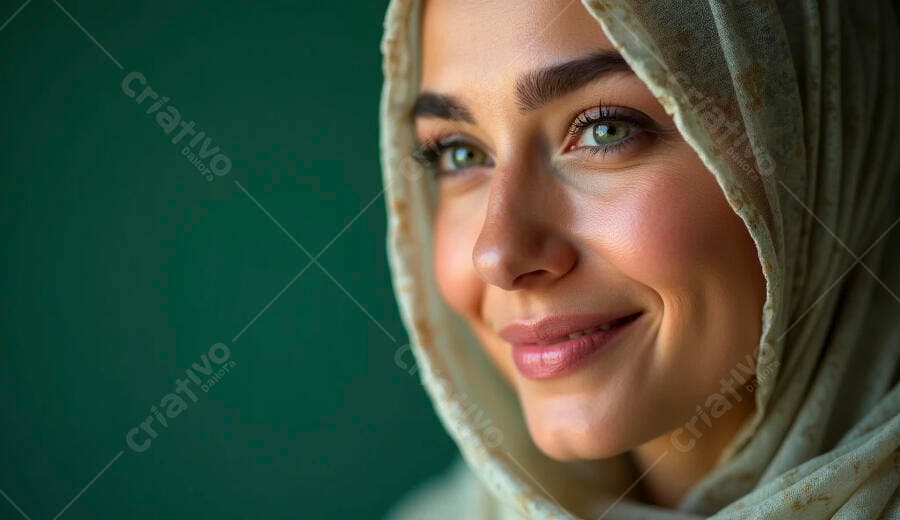 Mulher jovem sorrindo com hijab e olhos verdes em um fundo verde escuro
