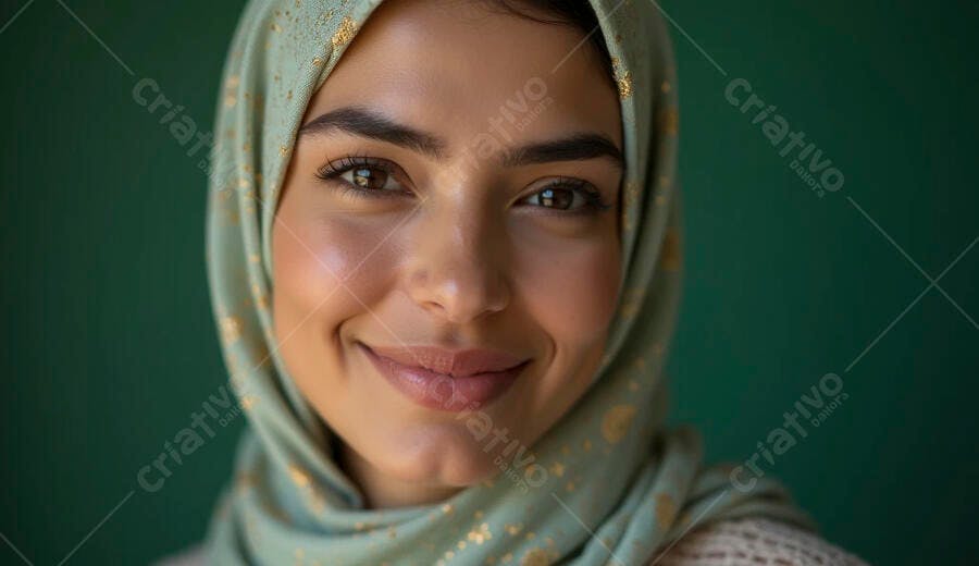 Mulher jovem de hijab verde sorrindo em retrato close-up sobre fundo escuro