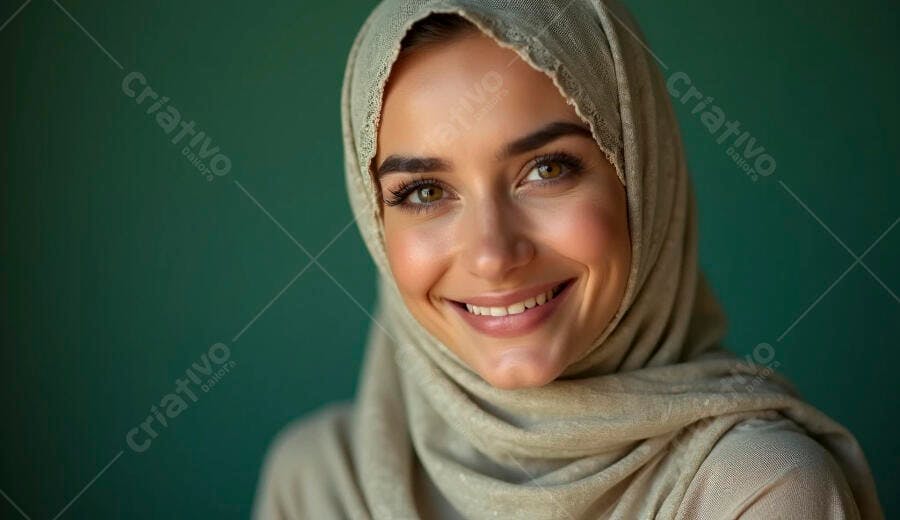 Mulher jovem sorrindo com hijab bege e olhos verdes em fundo verde