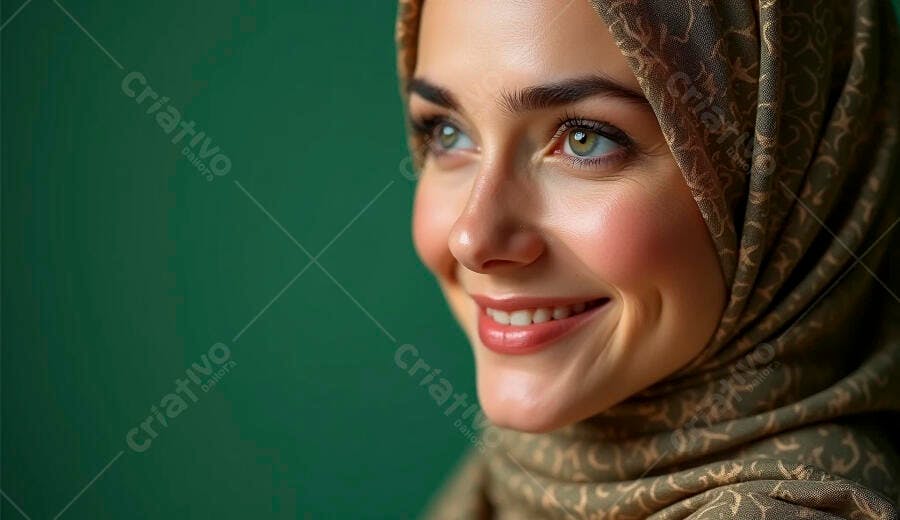 Mulher jovem com hijab verde estampado sorrindo em fundo verde vibrante