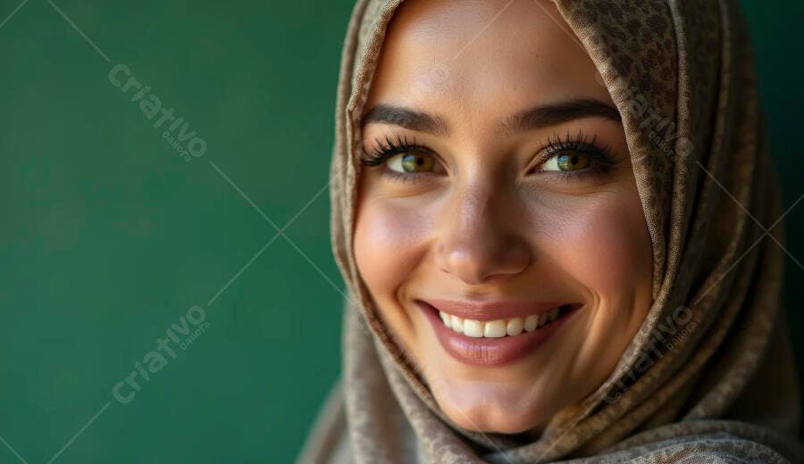 Mulher árabe sorridente com hijab marrom e olhos verdes vibrantes