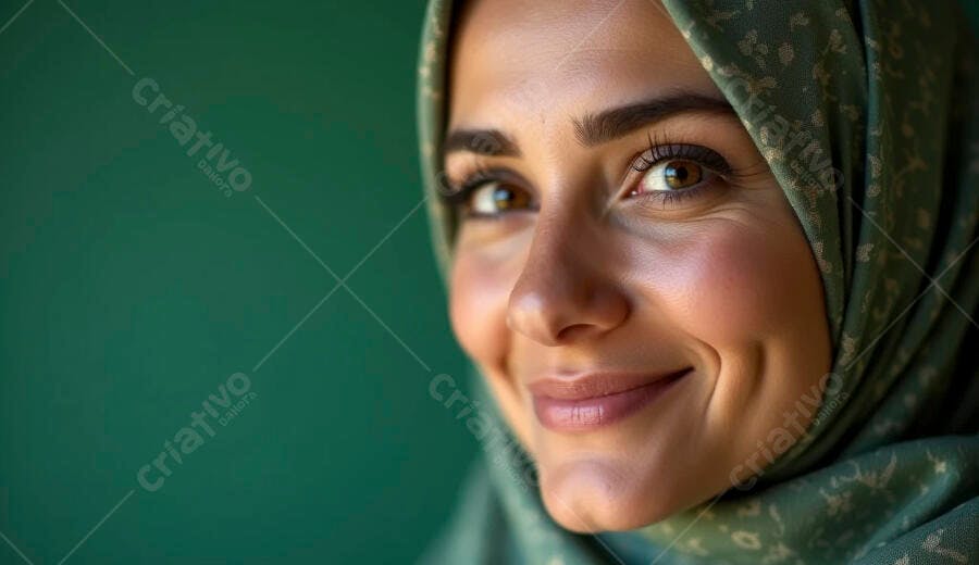 Mulher muçulmana feliz sorrindo com hijab verde em close-up