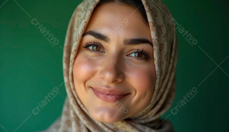Mulher jovem muçulmana sorrindo com hijab bege em retrato profissional