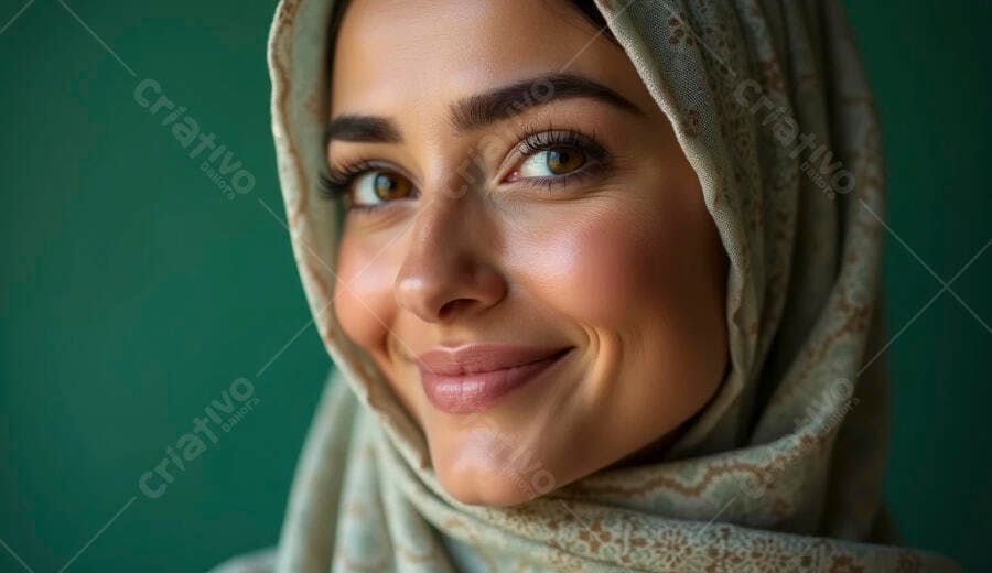Mulher árabe jovem sorrindo com hijab creme em fundo verde escuro