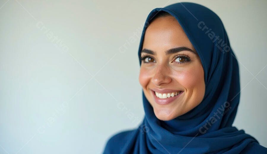 Mulher árabe sorrindo com hijab azul marinho em fundo claro
