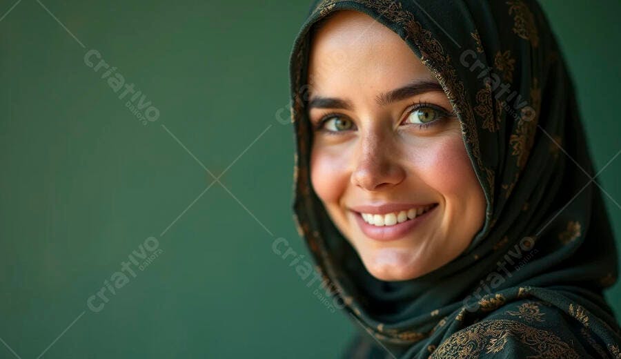 Mulher árabe jovem sorrindo com hijab verde e dourado em retrato
