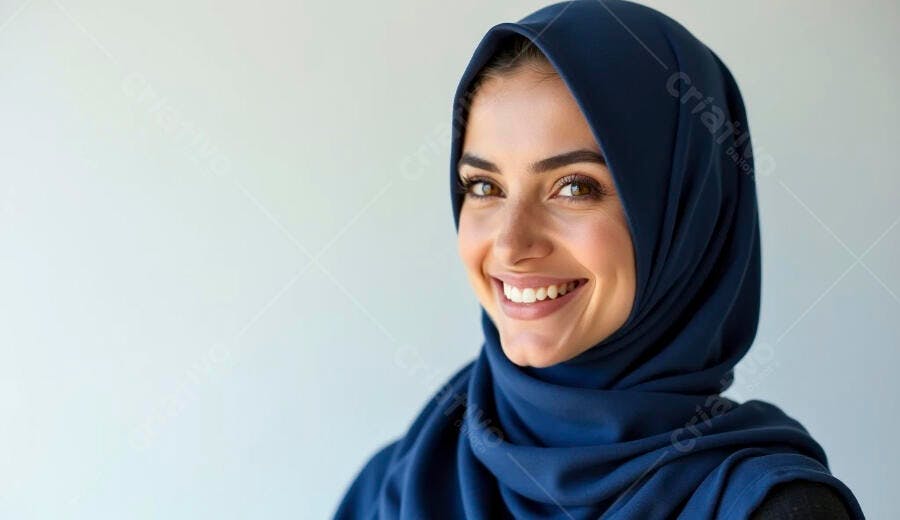 Jovem mulher muçulmana sorrindo com hijab azul marinho em estúdio claro