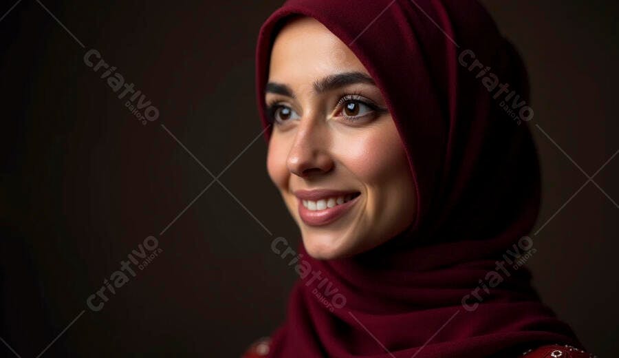 Mulher muçulmana jovem com hijab vermelho sorrindo em retrato de estúdio